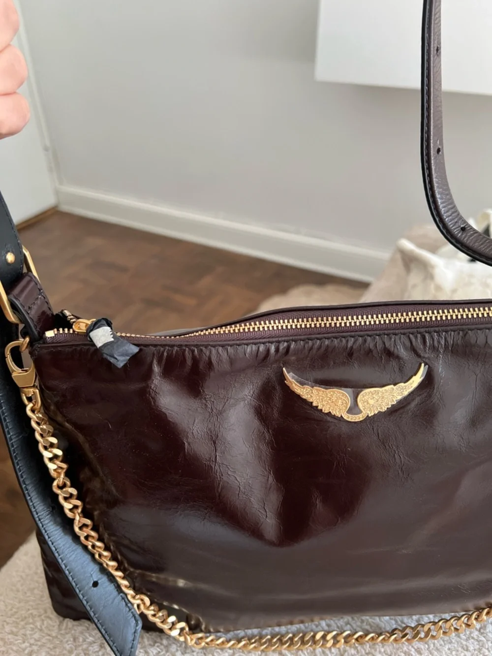 Zadig & Voltaire Black Patent Shoulder Bag with Gold Chain - Picture 4 of 4